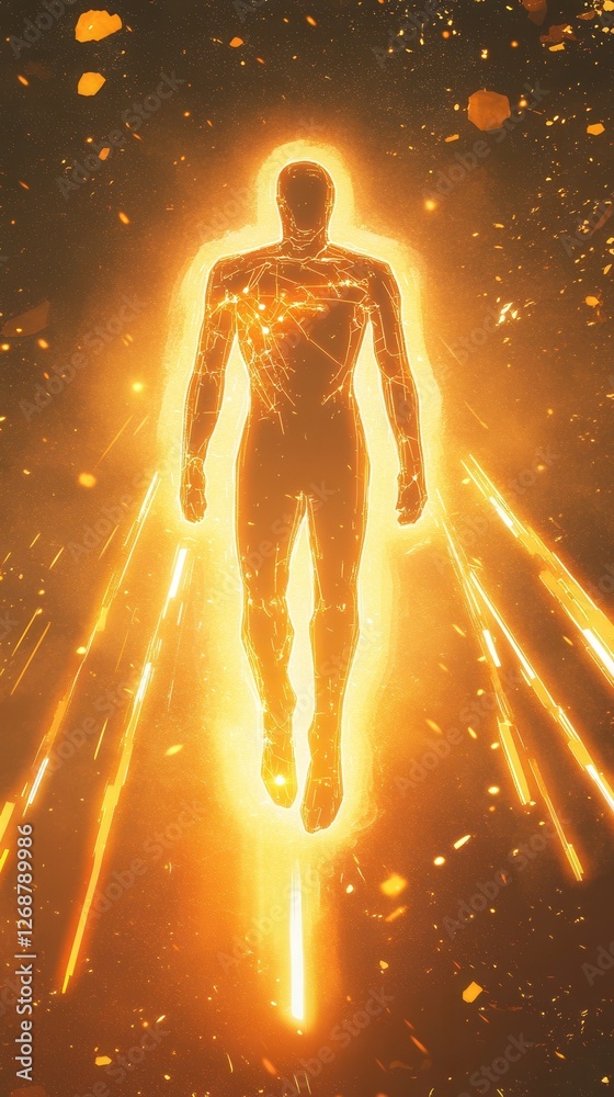 Aufkleber Man glowing with energy, surrounded by sparks and vibrant light in an ethereal atmosphere