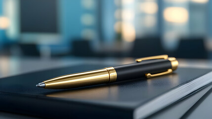 Close-up of a stylish pen on top of a notebook in a modern office setting.