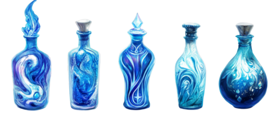 Assorted blue magic potions with unique designs and patterns
