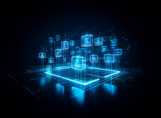 Obraz premium Futuristic blue network with glowing cubes and icons symbolizes digital connection and data flow in a technological and abstract scene against a dark background.