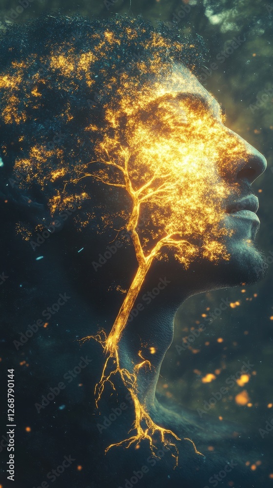 Leinwandbilder conceptual depiction of a man's glowing face with intertwining elements of nature emanating from his