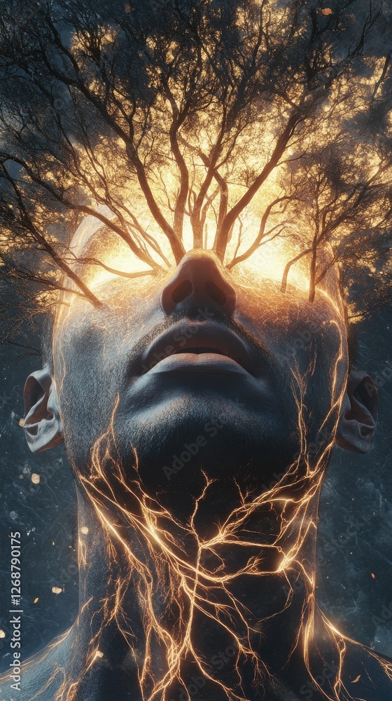 Leinwandbilder Mans face emanating glow with intricate tree branches and glowing eyes in a surreal setting
