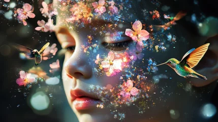 Stickers Meisjeskamer Conceptual artwork depicting a child's face adorned with flowers and hummingbirds, inspired by nature and imagination  © vadosloginov