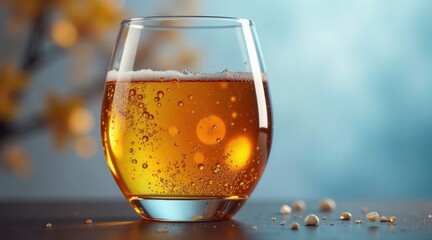 A Refreshing Glass of Sparkling Amber Beverage on a Dark Surface with Small White and Gold Accents