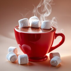 Sweet Surrender in a Scarlet Embrace: A decadent serving of hot chocolate, laden with melting marshmallows, overflows its festive red container, inviting you to savor its rich and sugary warmth.