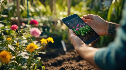 Gardener inspecting soil conditions while checking plant growth on a smartphone during a sunny afternoon in a vibrant garden