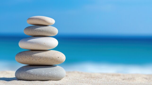 A stack of five pebbles on a sandy beach, with the ocean in the background.