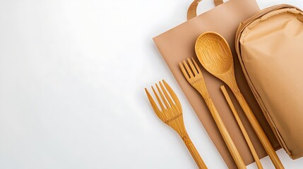 Sustainable Bamboo Kitchen Utensils and Eco-Friendly Bag on Surface