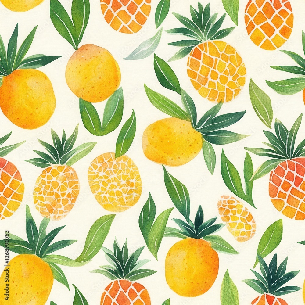 Poster Colorful watercolor doodle with pineapples and leaves in a calming pattern setting a cheerful and relaxing mood