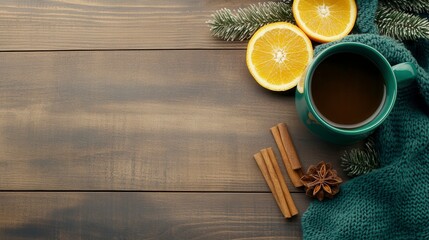 Cozy Winter Beverage with Citrus and Spices on Wood