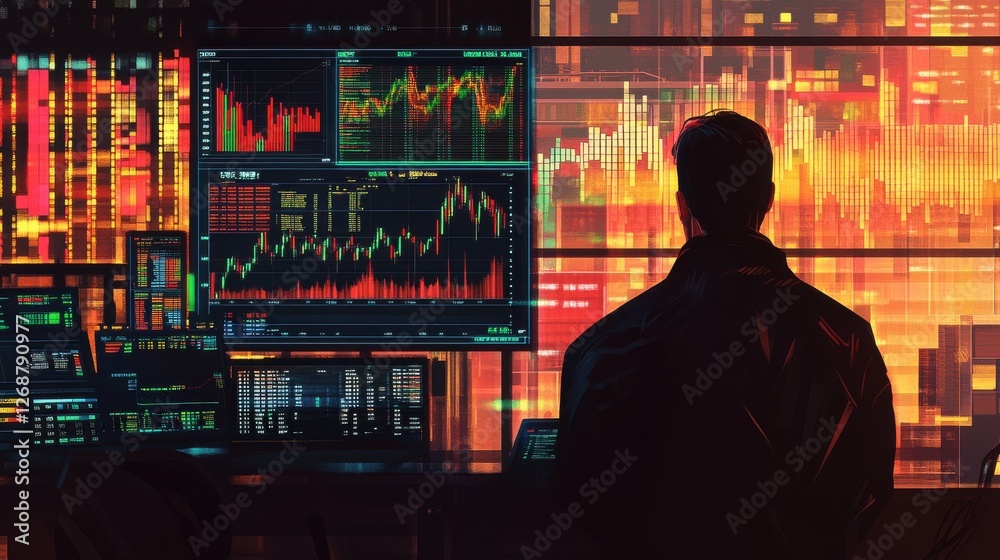 Poster traders silhouette monitors financial data and market trends in a vibrant and dynamic trading enviro