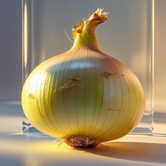 A Simple Sphere of Flavor: A Golden Onion, Standing Alone in Soft Light, Its Roots and Stem Telling a Story of Growth.
