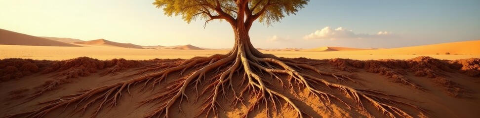 Desert tree roots spread wide below the surface, vegetation, Sahara