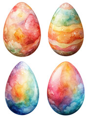 Vibrant watercolor easter eggs, colorful patterns, artistic design, spring decoration, festive celebration, bright hues.
