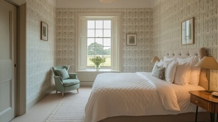 Fototapeta premium Cozy bedroom featuring geometric-patterned wallpaper and a view of nature