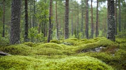 A forest background-themed image showcasing Moss-covered ground in the forest, surrounded by tall trees with green foliage