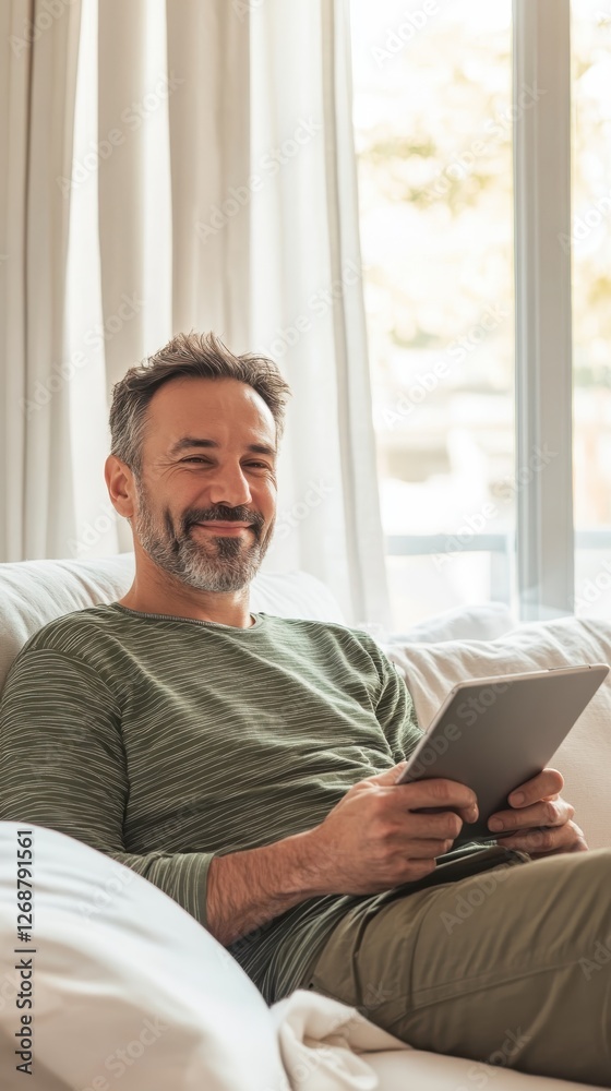 Poster Relaxed man enjoying a quiet afternoon at home while reading on a tablet in a cozy setting with natural light