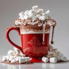 Sweet Surrender in a Scarlet Embrace: A decadent serving of hot chocolate, laden with melting marshmallows, overflows its festive red container, inviting you to savor its rich and sugary warmth.