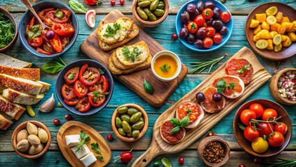 Aerial View of Delicious Mediterranean Tapas Appetizers on Rustic Table