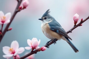 A tiny songbird perched delicately on a blossoming branch, surrounded by soft pink flowers in a tranquil springtime scene.