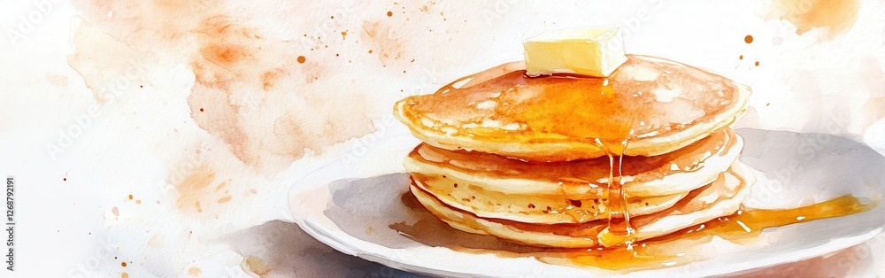 Poster Delicious stack of pancakes drenched in syrup with butter on top in a soft watercolor setting
