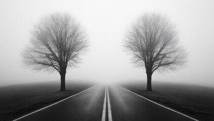 Foggy road, twin trees, rural landscape, disappearing horizon, solitude