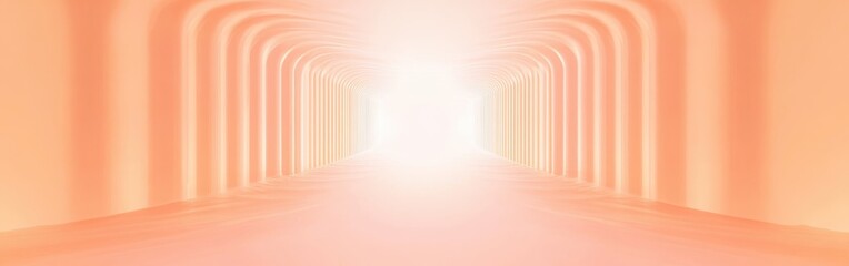 Obraz premium Ethereal corridor bathed in soft peach lights guiding toward a luminous exit at midday