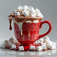 A Festive Overflow of Cozy Warmth: Rich hot chocolate spills from a decorative red mug, generously topped with fluffy white marshmallows, promising a comforting and indulgent treat on a chilly evening
