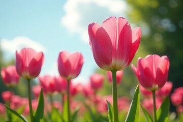 Vibrant Pink Tulips Basking in Sunlight, a Delicate Floral Display of Springtime Beauty