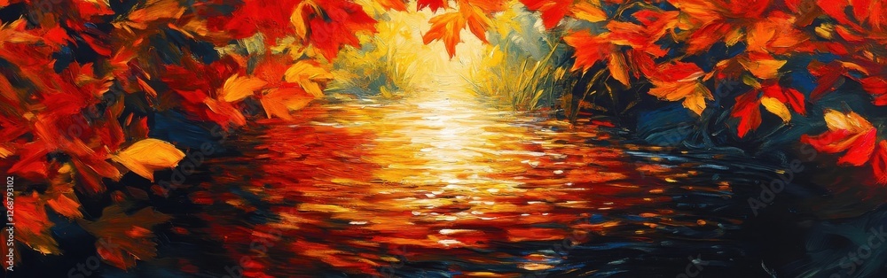 Poster reflective water glimmers under a tapestry of fiery red leaves in a serene autumn setting