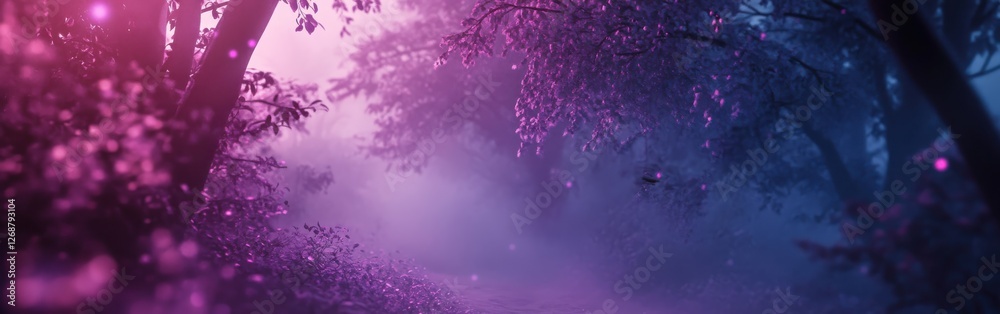 Poster magical forest illuminated by radiant violet and deep magenta bokeh lights at twilight