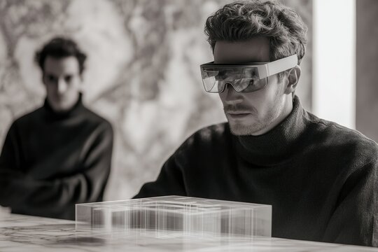 A man wearing AR glasses examines a 3D model of a building, collaborating with a colleague.