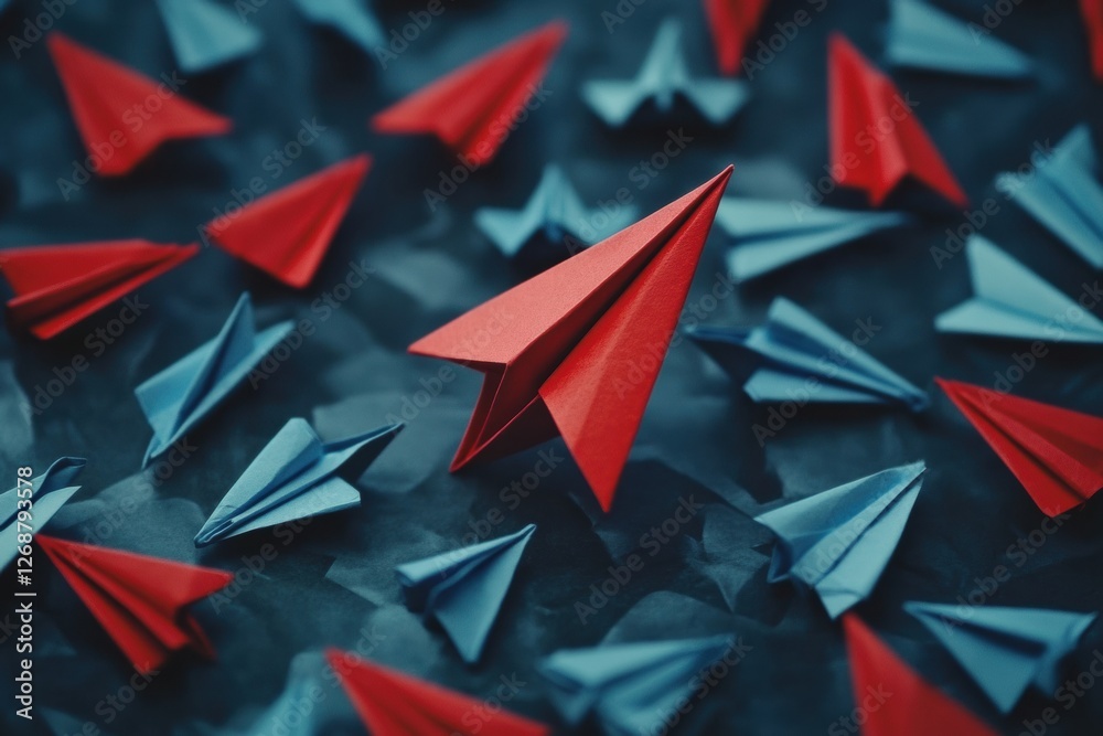 Fototapete group of paper planes flying in one direction with one red plane pointing the opposite way to symbol