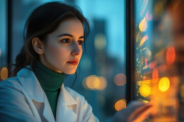 A young woman gazes intently at a glowing screen, illuminated by city lights at night.