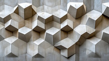 A modern architectural wall featuring an abstract design of protruding geometric shapes, creating a dynamic texture. The light gray tones enhance its contemporary aesthetic.