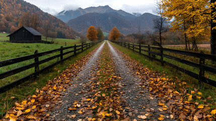 Fototapeta premium Autumnal road, mountain valley, leaves, fence, travel