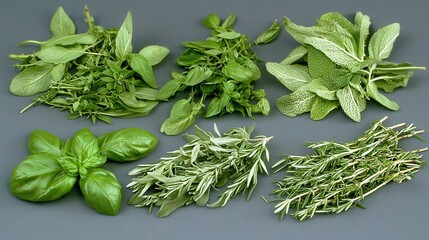 Obraz premium Assortment of Fresh Culinary Herbs on Gray Background