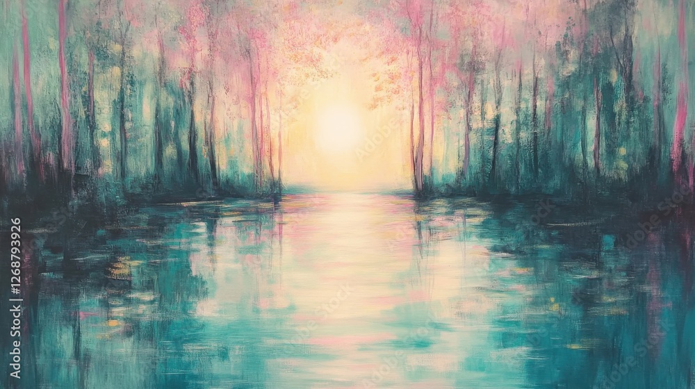 Poster ethereal pink and yellow reflections on serene water with trees at sunset creating a dreamlike atmos