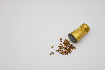 Grape seeds, golden foil of wine cork on the white background. From vineyard to wine, concept. Copy space.
