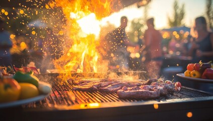 Flaming steaks grilling outdoors, party background, summer feast