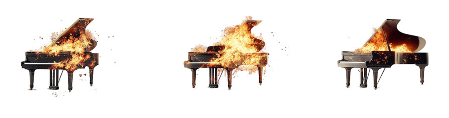 Burning grand pianos in flames - surreal fire art with three pianos