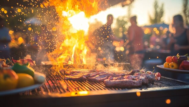 Flaming steaks grilling outdoors, party background, summer feast