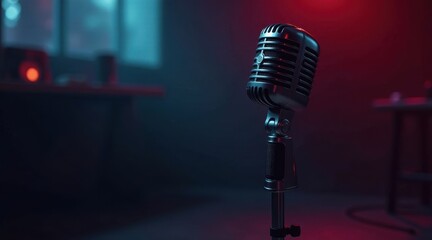 Obraz premium Retro Microphone in a Dimly Lit Studio Setting, Ready for a Performance or Recording Session