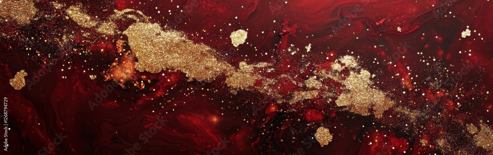 Aufkleber Deep crimson and gold sparkles create a mesmerizing cosmic landscape in shadowy hues