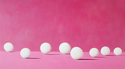 Obraz premium A minimalist composition featuring white spheres arranged on a vibrant pink background. Ideal for modern design projects, presentations, or artistic displays.