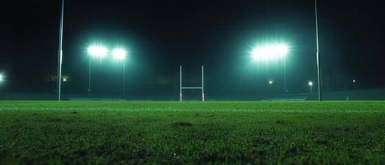 Rugby field at night with bright floodlights illuminating grass and goalposts, perfect for sports photography and event promotion