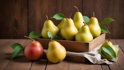 Fresh pears on a wooden kitchen table