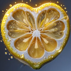 A Zest for Love: A Heart-Shaped Lemon Slice, Revealing its Juicy Interior and Vibrant Yellow Hue, a Symbol of Sweet and Sour Affection.
