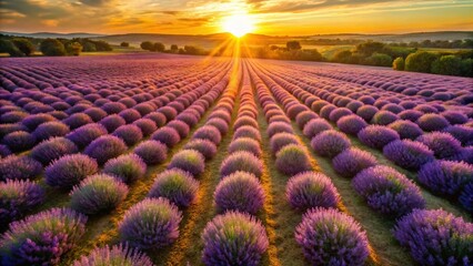 Fototapeta premium Aerial View of Lavender Fields Bathed in Golden Sunlight