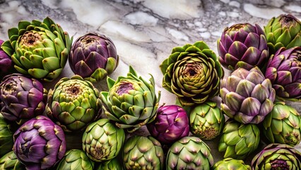 Obraz premium Fresh Artichokes Gathered Together on a Marbled Surface